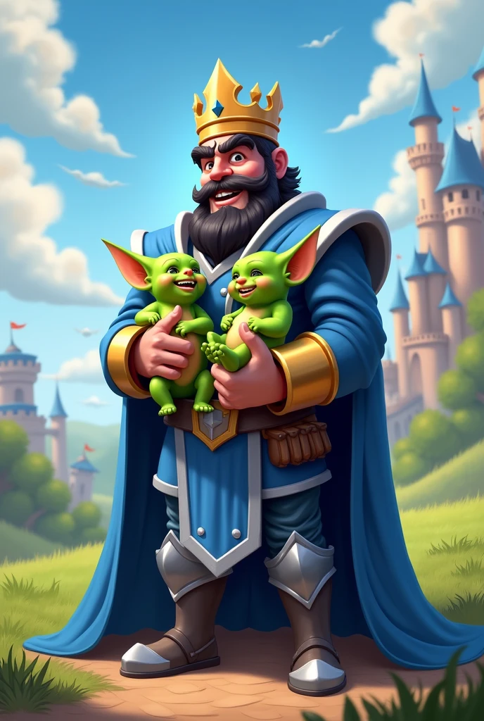 The blue king of Clash Royal carrying 2 baby goblins
