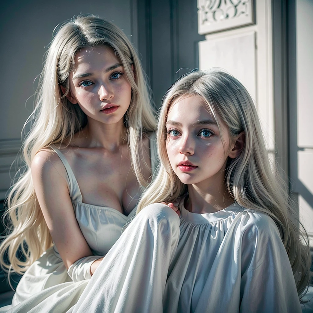 ((best qualityer)), ((work of art)), ((detailded)), a beautiful young woman, young white color, Long, wavy hair, White hair, blue colored eyes, elegant outfit, elegant pose, top quality picture, super realistico, 8 k quality, ultra realisitic, face picture