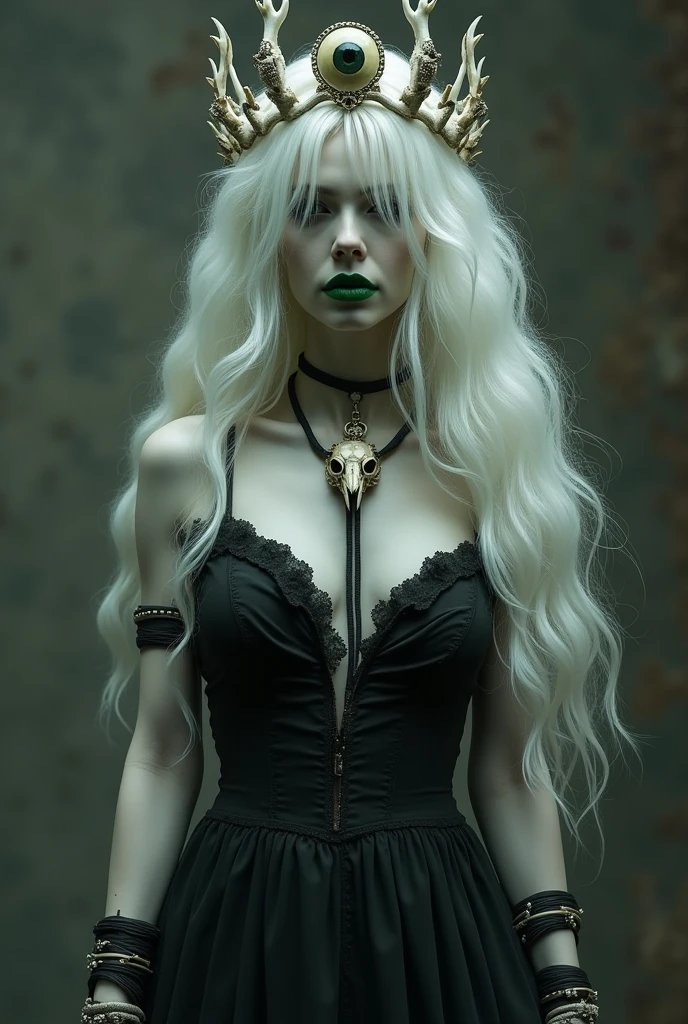 creates a beautiful and terrifying ghost woman at the same time, she also has long wavy white hair that covers her eyes so they are not visible, she wears green lipstick, she wears a necklace with a crow skull, her arms are bony, she has long fingers with claws, she wears several esoteric bracelets on her arms, her fingers are also long with claws, she wears a torn and damaged black sleeveless wedding dress, and she also wears a crown made of bones, and in the center of the crown she has a human eye in his head, he also has a large bust and wears a ring tied to his necklace, he has gray skin