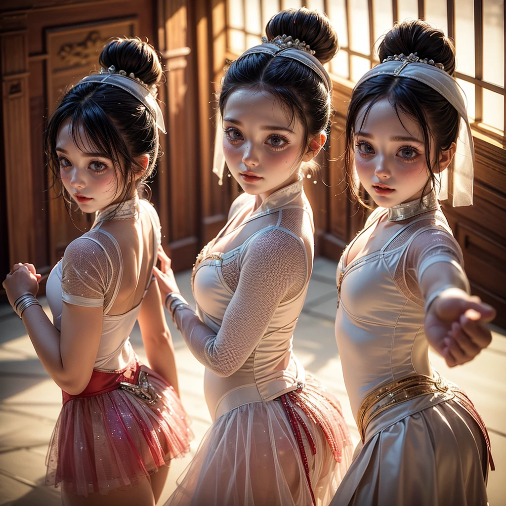 SFW, ExtremelyDetailed (((Kawaii Ballet Girls Group in a row:1.37))), Childish perfect face, Reflective Eyes, Detailed(Delicate Clothing textures), Dynamic Joyful Expressions LifeLike Rendering, (Specular Reflection:0.2), TopQuality 8K Ultra-detailed masterpiece (ProfessionalPhoto:1.37), (Acutance:0.8), (Luminism:1.28), (Light particles:0.75), (Muscle:-0.5), facing away (from side ) (Clearly visible Beautiful hip shape)