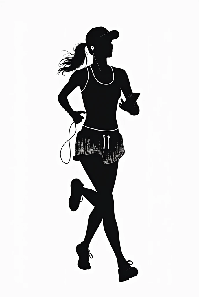 Silhouette Art。PAPERCUT。Solid black。No background。Dynamic Movement。Woman running alone。Holding your phone in your hand。White earphones in ears。A wire is connected to the smartphone in your hand。Wearing large shorts with a white equalizer pattern。Small breasts。A Cup。Right facing。Model body type。White equalizer pattern running shoes。Put on a cap