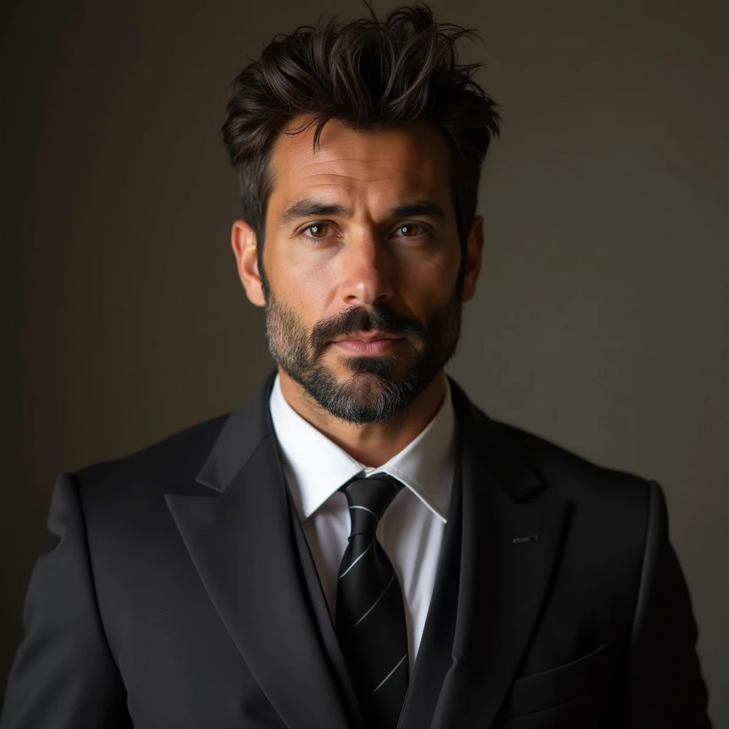 Illustrious Erik Schneider, a charismatic man with an athletic build, tousled dark brown hair. He is dressed in an elegant, tailored suit that accentuates his physique. His expression is confident and slightly seductive. Do not cut even one part of the body.