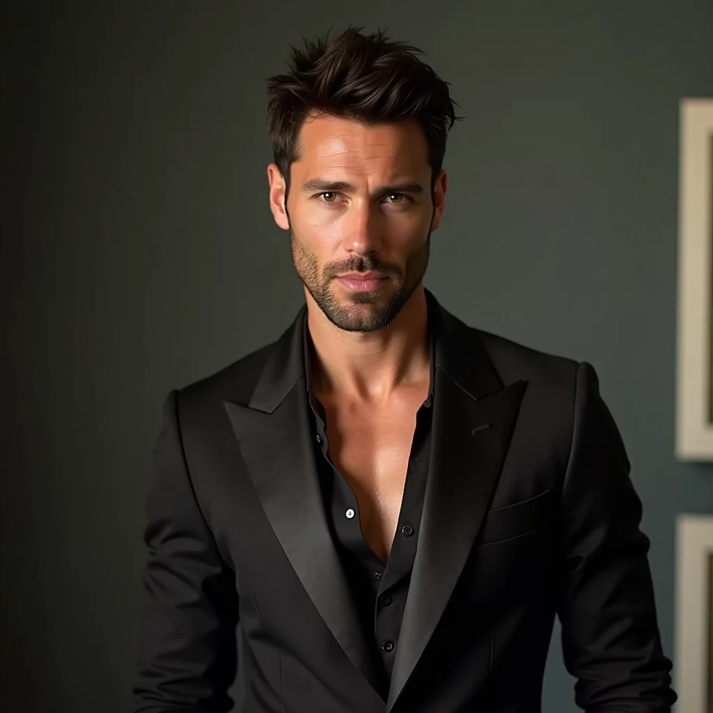 Illustrious Erik Schneider, a charismatic man with an athletic build, tousled dark brown hair. He is dressed in an elegant, tailored suit that accentuates his physique. His expression is confident and slightly seductive. Do not cut even one part of the body.