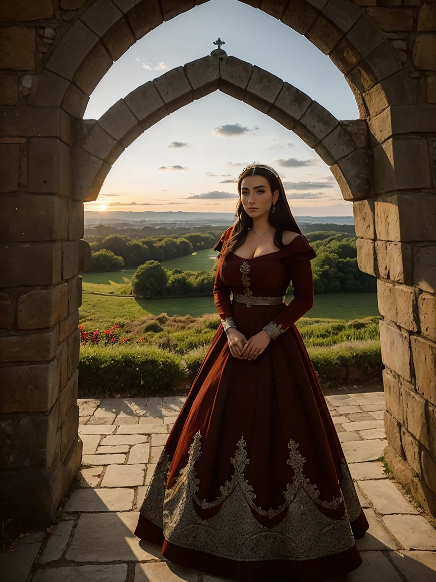 Gorgeous and sultry busty athletic (thin) brunette queen with sharp facial features wearing a modest updo, dark red medieval dress, long sleeves, intricate patterns, scrollwork, wide neck, crown, veil, long dress, modest dress, tight bodice, (silver waist chain), medieval jewelry, Middle Ages, castle, rampart, wall, exterior, on top of a castle wall, trees, countryside, evening, sunset.