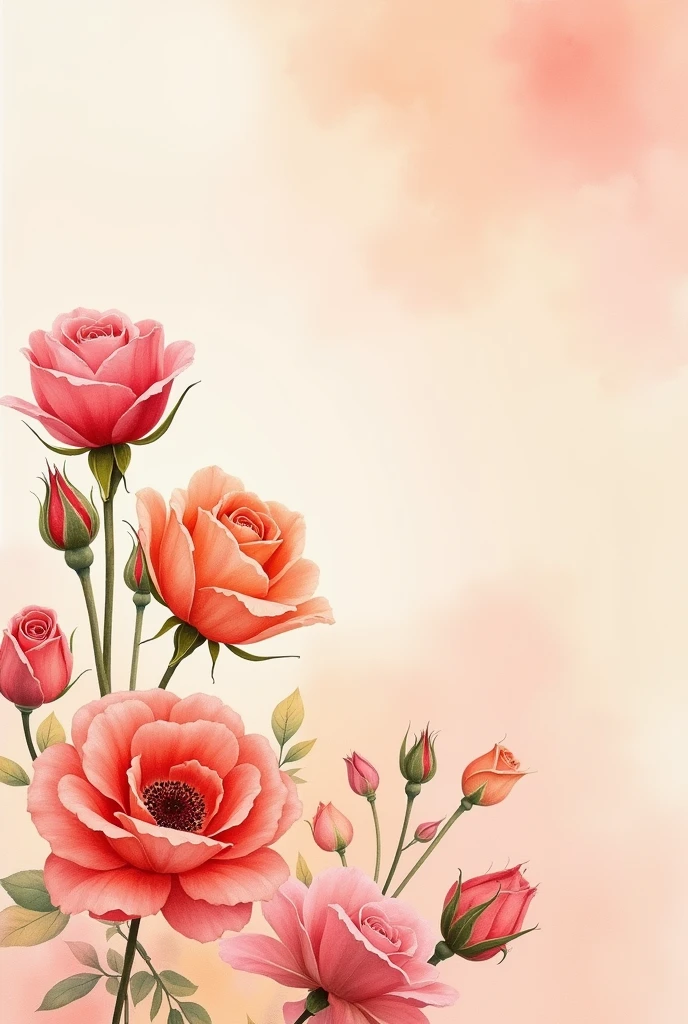 A water colour flowery print with peachycolour background, and a lot small roses in warm suitable contrast  colours. no bunches, just small roses in all image. 