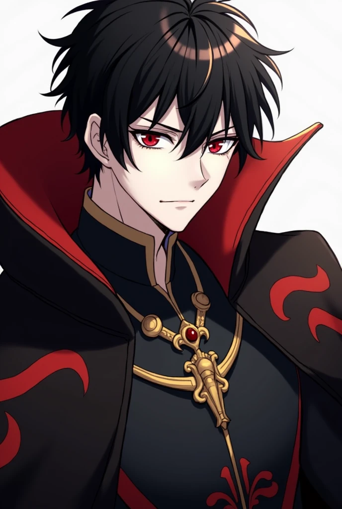 High resolution, illustration, Adult anime boy, with black hair and red eyes, dressed in dark prince&#39;s clothes, White skin, serious face of superiority