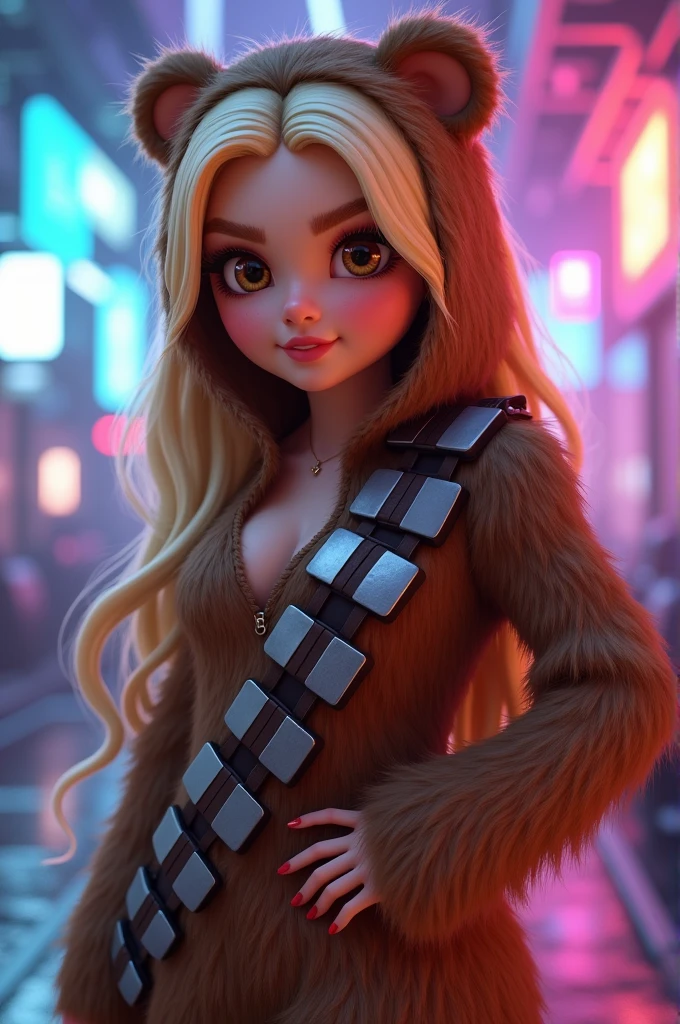Image stylé Disney d’une jeune femme blonde ronde avec des yeux marrons et des longs cils déguisée  Chewbacca de star wars, dans l’univers des jeux vidéos  