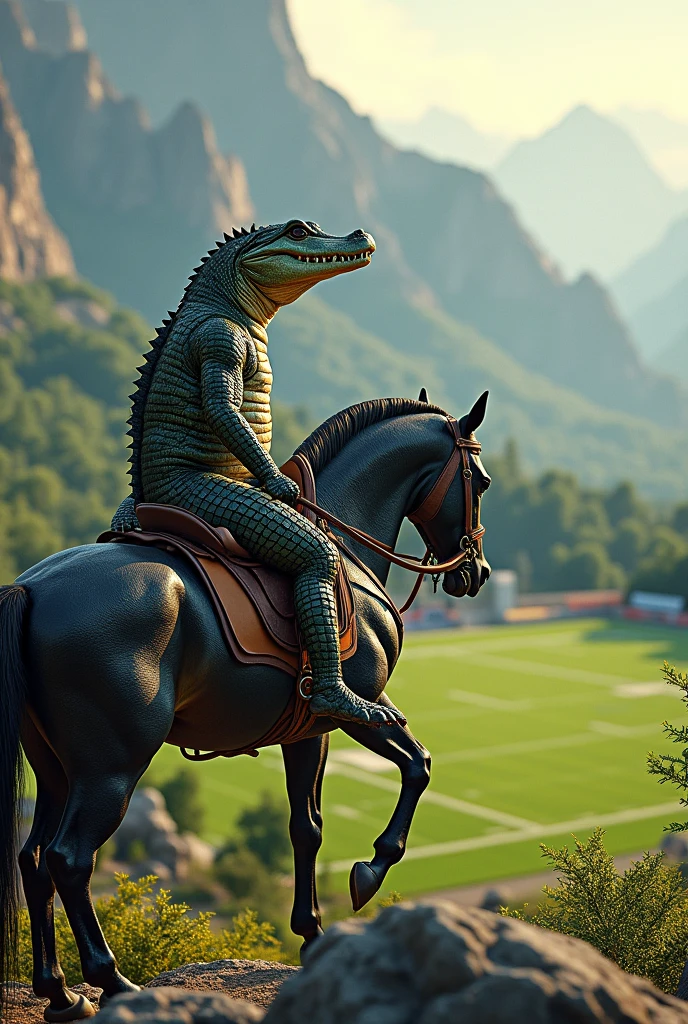 Alligator riding a horse on top of a mountain looking at a football field