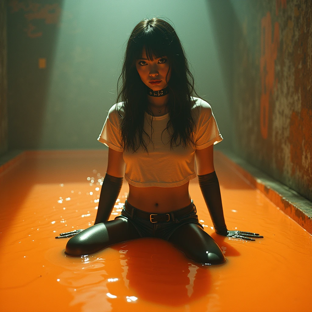 70s setting, grainy analog film, abstract art, stylish legend, artwork, conceptual art, drama, indulges in fetish, rubber black stockings, vintage jeans cut-offs, t-shirt, slave collar, stuck in slime, orange, black,
