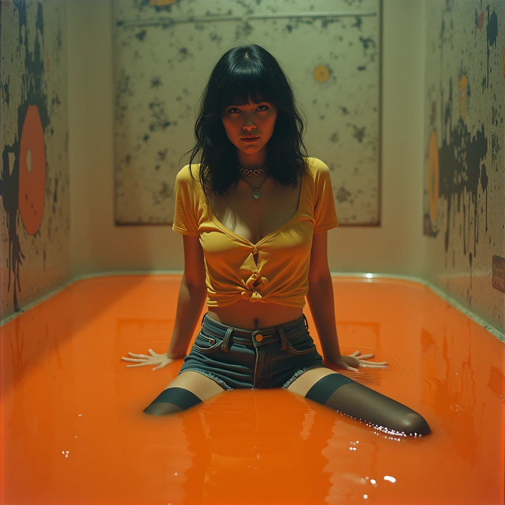 70s setting, grainy analog film, abstract art, stylish legend, artwork, conceptual art, drama, indulges in fetish, rubber black stockings, vintage jeans cut-offs, t-shirt, slave collar, stuck in slime, orange, black,