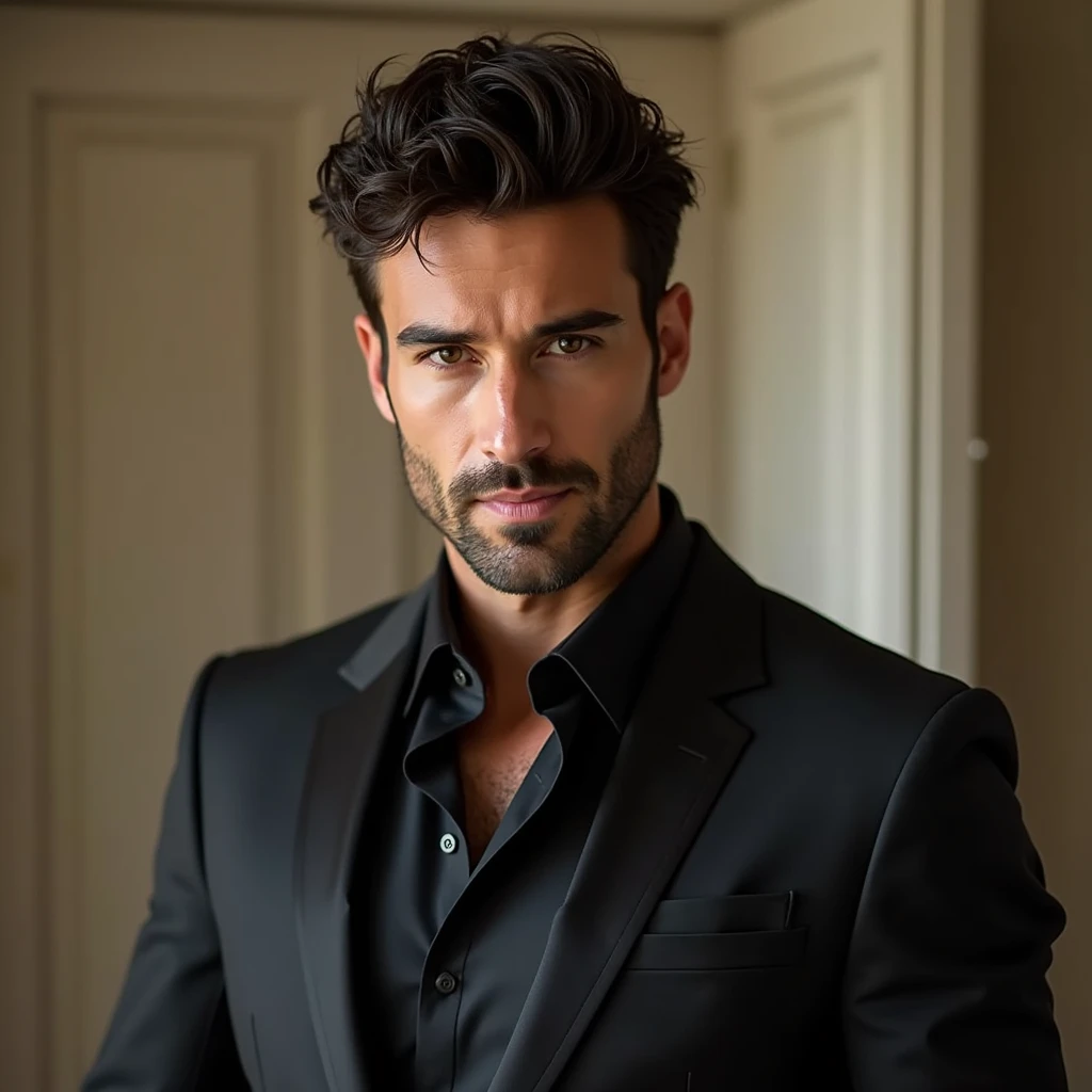 Illustrious Erik Schneider, a charismatic man with an athletic build, tousled dark brown hair. He is dressed in an elegant, tailored suit that accentuates his physique. His expression is confident and slightly seductive. Do not cut even one part of the body.