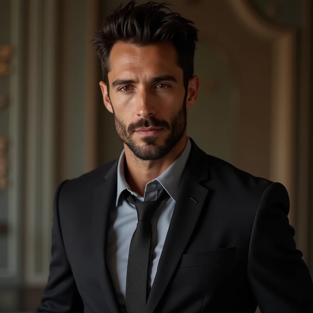 Illustrious Erik Schneider, a charismatic man with an athletic build, tousled dark brown hair. He is dressed in an elegant, tailored suit that accentuates his physique. His expression is confident and slightly seductive. Do not cut even one part of the body.