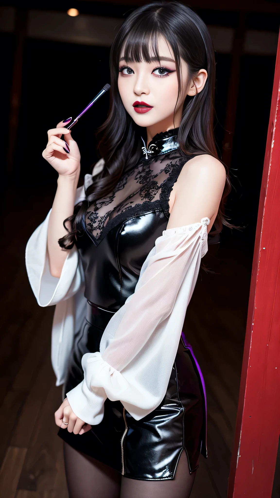 best quality、ultra-detailed、8k、Japanese、Japanese、Seductive beauty、seductive adult woman、Pretty Woman、cool girl、smirk、Wicked Smile、Villainess、brainwash makeup、Brainwashed、brainwash、Fallen into evil、Evil look、evil、Brown hair、wavy hair、swept bangs、dark makeup、piercing eyes、hollow eyes,half-closed eyes、Hollow Eyes、purple Eyeshadow、black lipstick、black lipglos、Purple Eyeshadow、black lipstick、black lip gloss、Dark Makeup、smirk、Whisper in my ear、Evil look、long black cheongsam、Wide sleeves、pantyhose、Slit Skirt、Wearing heels、night、inside darkroom、Kiss、I have lipstick、Are standing、Look、Offer、shoot from below、Connected by many cords