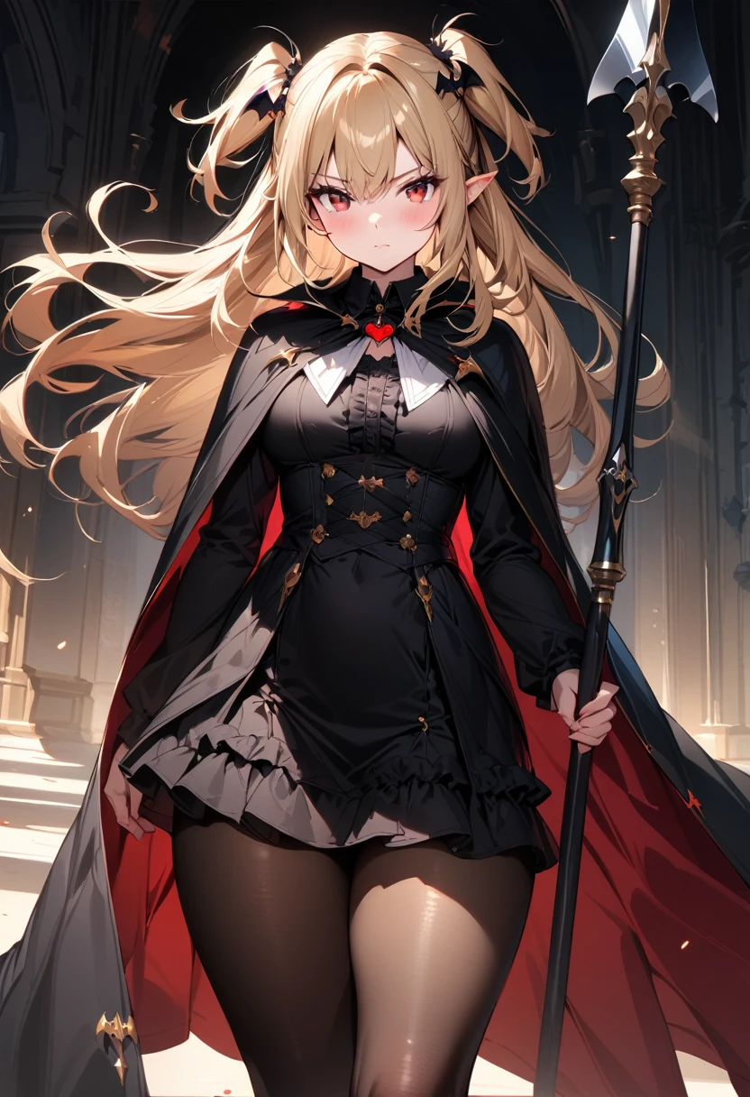 (masterpiece),(best quality),(ultra-detailed),(best illustration),(best shadow),(absurdres),(detailed background),(very aesthetic), 1girl, solo, blonde-hair, red-eyes, pointy-ears, looking-at-viewer, long-hair, pantyhose, vampire, holding, dress, two-side-up, black-pantyhose, hair-ornament, holding-weapon, weapon, black-dress, cape, bat-hair-ornament, standing, polearm, long-sleeves, blush, thick thighs, frills, holding-polearm, black-cape, closed-mouth, short-dress, floating-hair, ((Spear))
