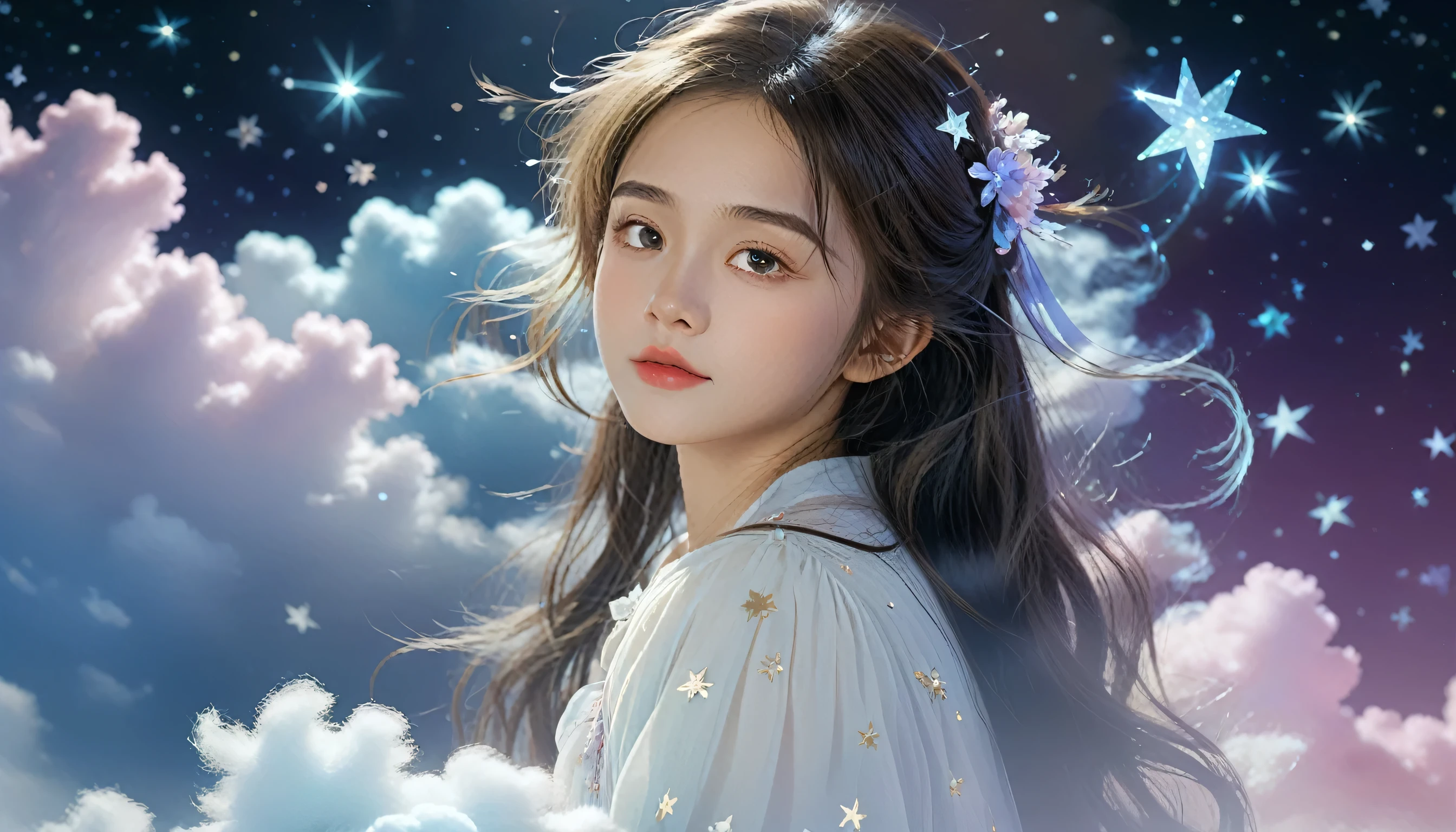 (best quality,4K,8K,high resolution,masterpiece:1.2), The girl in the cloud has fluffy hair like clouds, tiny stars, Fantasy illustration, Dreamy colors, children&#39;Illustration style.Vibrant colors