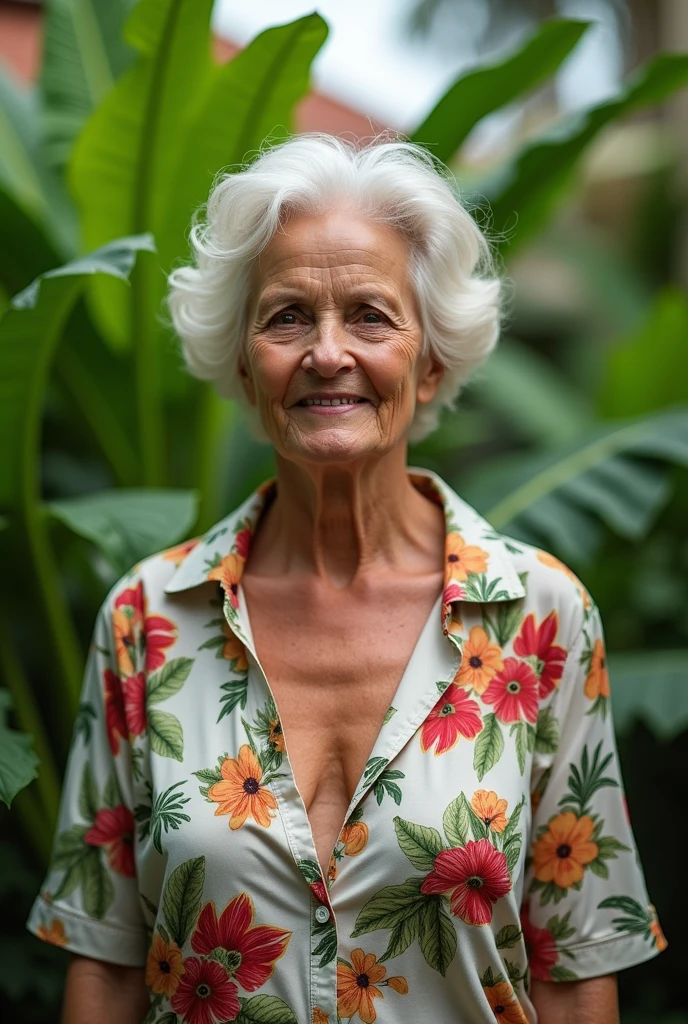 An elderly Brazilian woman in a lush tropical garden, wearing an open shirt with a floral print, with a close-up capturing the harmonious beauty between her breasts and the natural flowers, showing off your natural charm and outgoing personality.