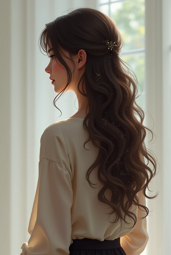 Girl from behind with layered hair and a top