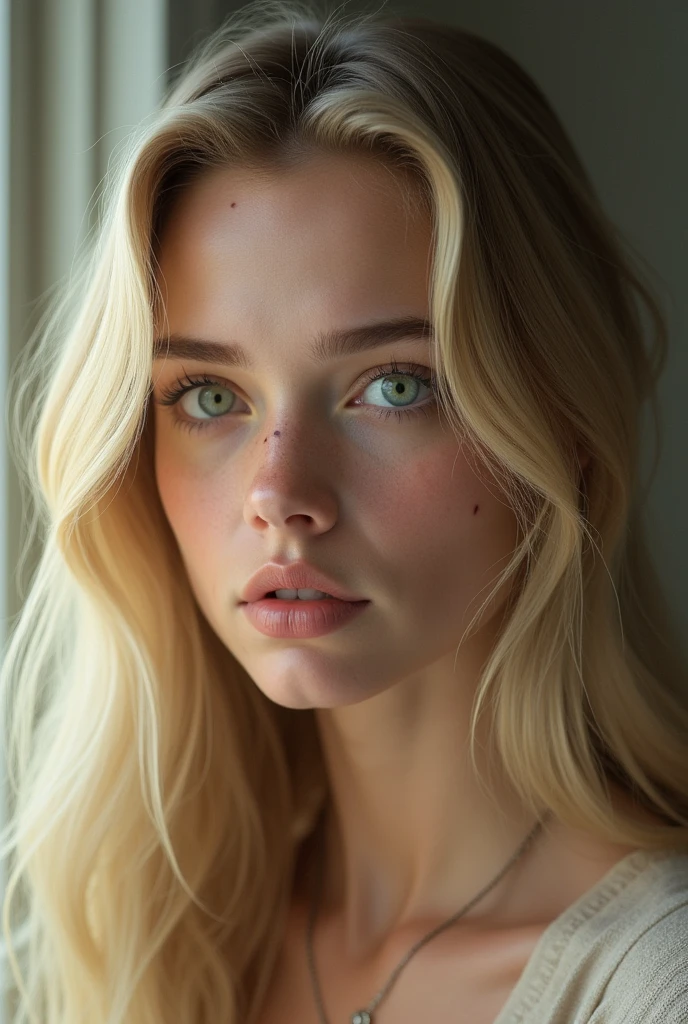 (photorealism: 1.2), 20 year old girl, green eyes, long blonde hair, intricate details, portrait, realistic, soft lighting, scar, thin