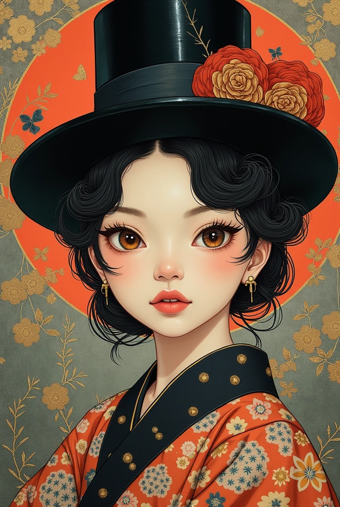 there is a painting of a woman with a hat and a top hat, inspired by Tsukioka Yoshitoshi, shigenori soejima illustration, in the art style of ukiyo - e, onmyoji portrait, inspired by Yoshitoshi ABe, anime art nouveau, korean art nouveau anime, sengoku - era art style, shikishi