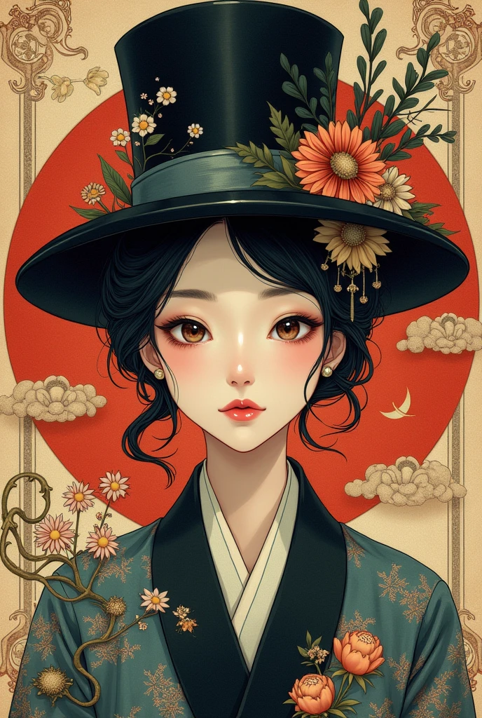 there is a painting of a woman with a hat and a top hat, inspired by Tsukioka Yoshitoshi, shigenori soejima illustration, in the art style of ukiyo - e, onmyoji portrait, inspired by Yoshitoshi ABe, anime art nouveau, korean art nouveau anime, sengoku - era art style, shikishi