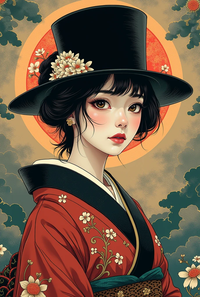 there is a painting of a woman with a hat and a top hat, an anime drawing inspired by Tsukioka Yoshitoshi, pixiv, ukiyo-e, shigenori soejima illustration, in the art style of ukiyo - e, onmyoji portrait, anime art nouveau, korean art nouveau anime, sengoku - era art style