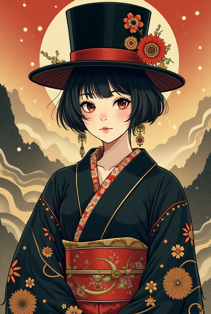 there is a painting of a woman with a hat and a top hat, an anime drawing inspired by Tsukioka Yoshitoshi, pixiv, ukiyo-e, shigenori soejima illustration, in the art style of ukiyo - e, onmyoji portrait, anime art nouveau, korean art nouveau anime, sengoku - era art style