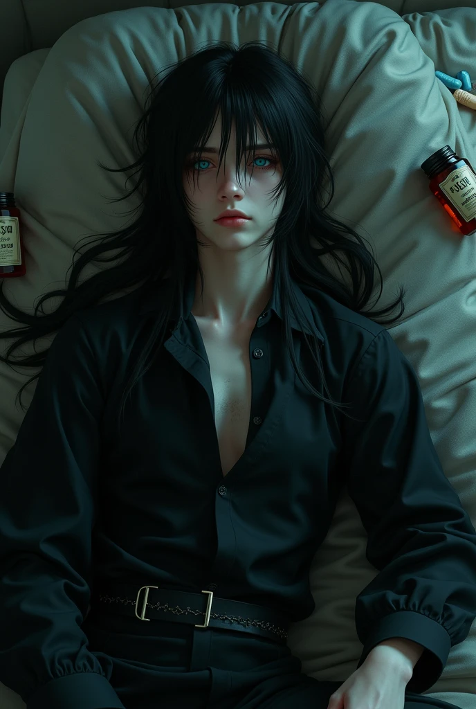 A sexy male with delicate facial features, black long hair, and teal blue eyes with all-black gothic clothes. He is lying on a couch while smoking a cigarette. He looks all gloomy. Beers, wine, and antidepressants spilled everywhere. (Gloomy atmosphere) No facial hair (Mysterious atmosphere) (Unhappy expression) (Male)