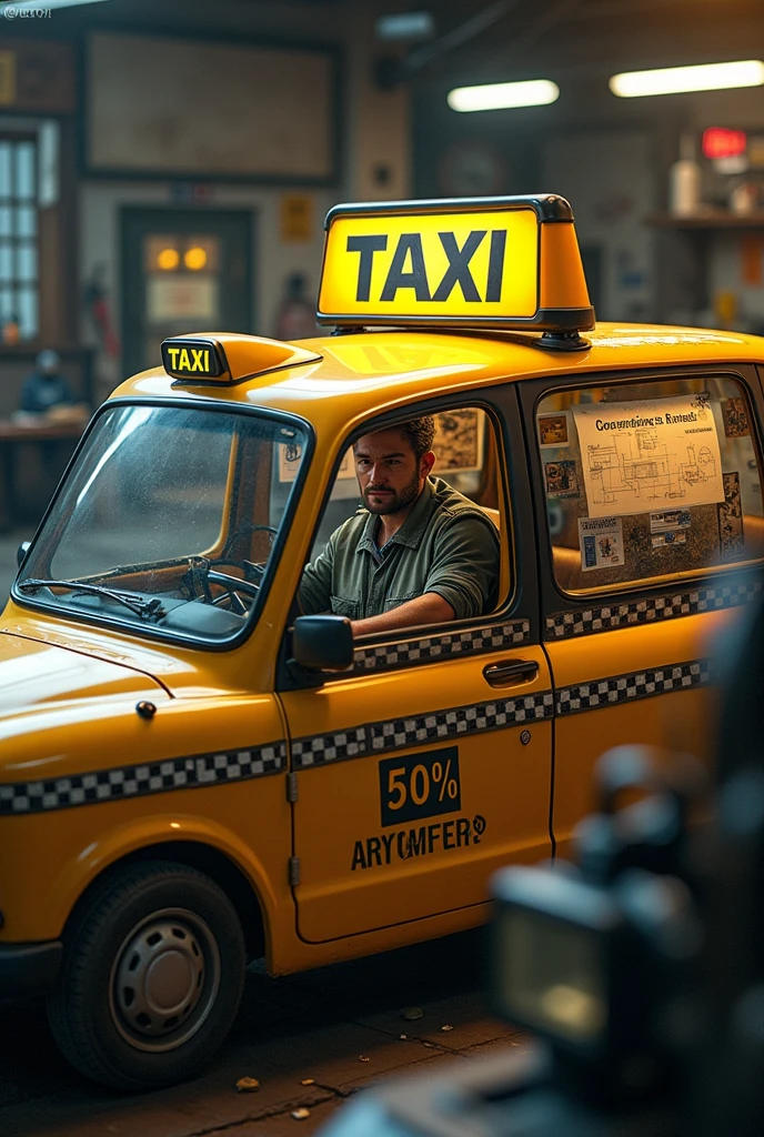 A taxi with a 50 sign% Discounted and personalized inside an engineer with beers