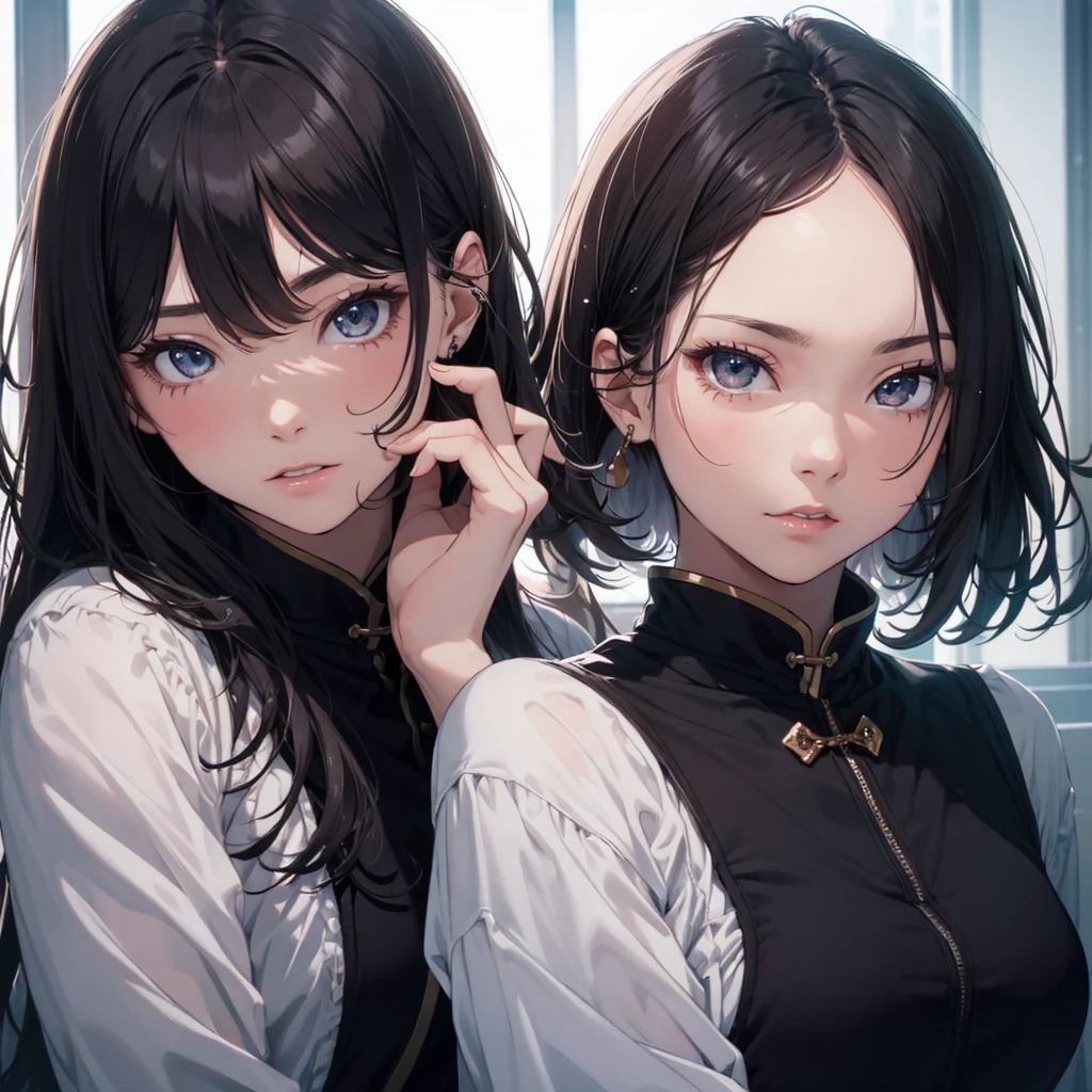 (Highest quality, masterpiece, Very detailedな, Very detailed, Exquisite, 16K,Full HD),(White Background:1.5),、Big Breasts,No text,Upper Body,serana,Black Hair,１people,Front facing、Default Dress