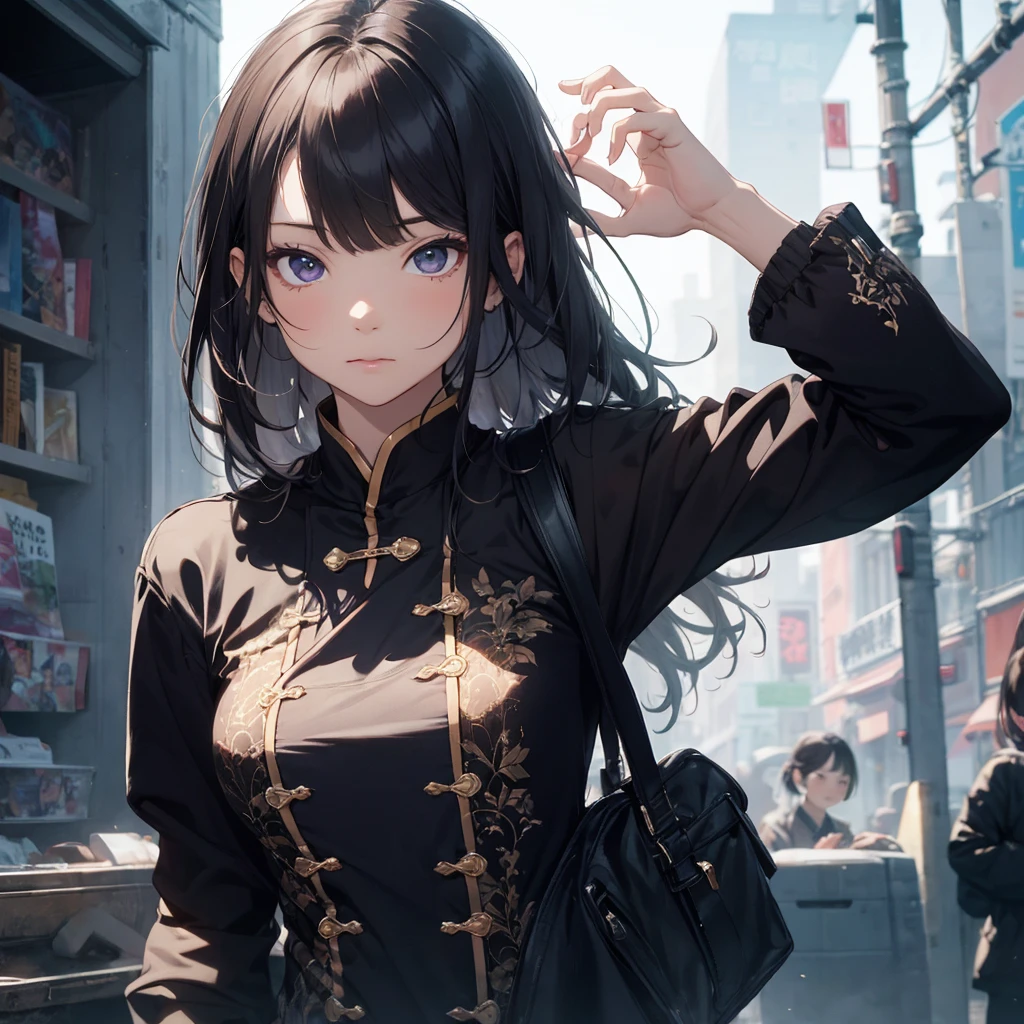 (extremely detailed CG unity 8k wallpaper),(masterpiece), (best quality), (ultra-detailed), (best illustration),(best shadow), cowboy shot, (sharp eyeliner, eyeshadow, detailed eyes:1), city background, ,BREAK , (star15school:1.2), hair ornament, ,