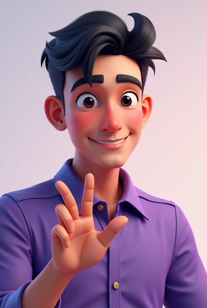 Create character in 3D drawing 25 year old dark haired man half body military haircut half small peak black eyes purple shirt he making positive sign