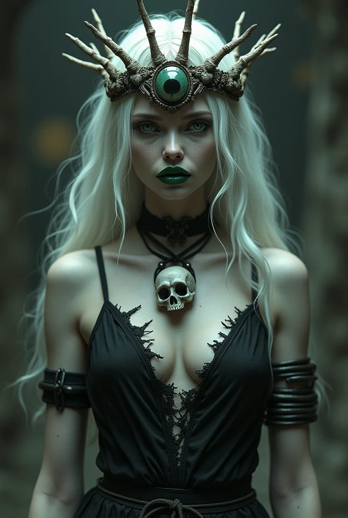 creates a beautiful and terrifying ghost woman at the same time, she also has long wavy white hair that covers her eyes so they are not visible, she wears green lipstick, she wears a necklace with a crow skull, her arms are bony, he has long fingers with claws, he wears several esoteric bracelets on his arms, his fingers are also long with claws, he wears a torn and damaged black sleeveless kimono and he also wears a crown made of bones and in the center of the crown he has an eye human on the head, he also has a large bust and wears a ring tied to his necklace, he has grayish skin