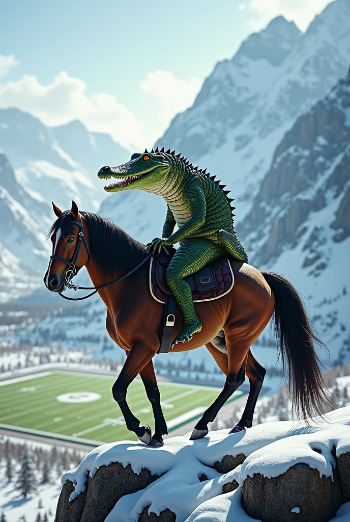 Alligator riding a horse on top of a mountain overlooking a football field in winter
