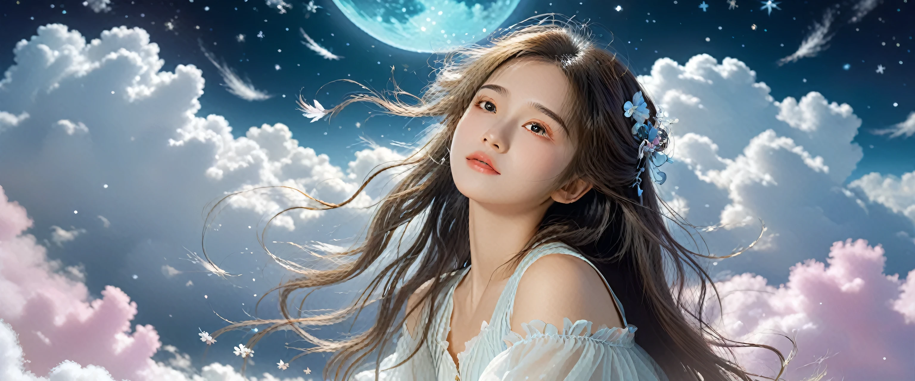 (best quality,4K,8K,high resolution,masterpiece:1.2), The girl in the cloud has fluffy hair like clouds, tiny stars, Fantasy illustration, Dreamy colors, children'Illustration style.Vibrant colors