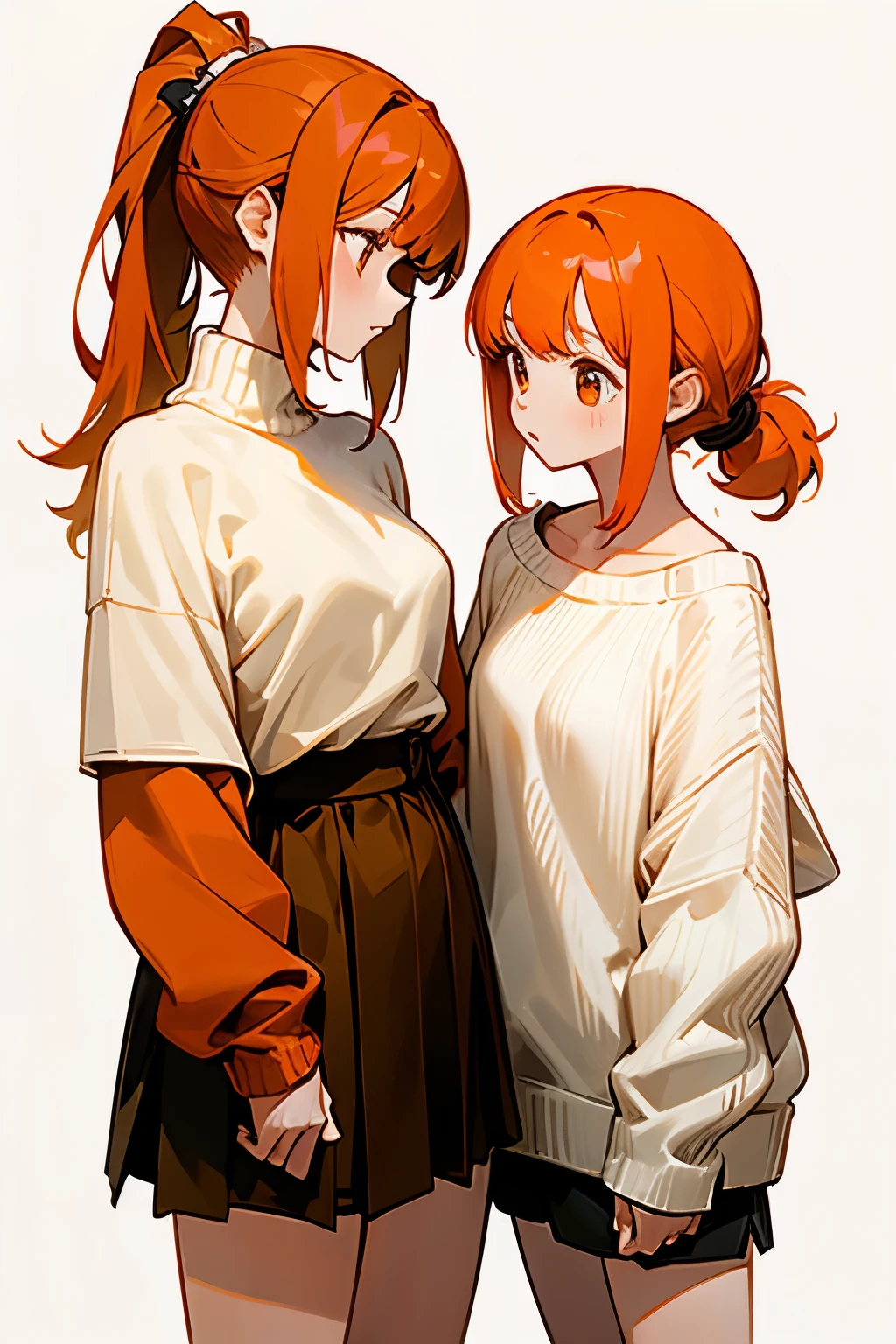 two girls friends. one is short with long orange loose hair and is wearing an off-shoulder sweater with shorts, and the other is tall with long white ponytail, wearing a normal sweater with skirt. They are