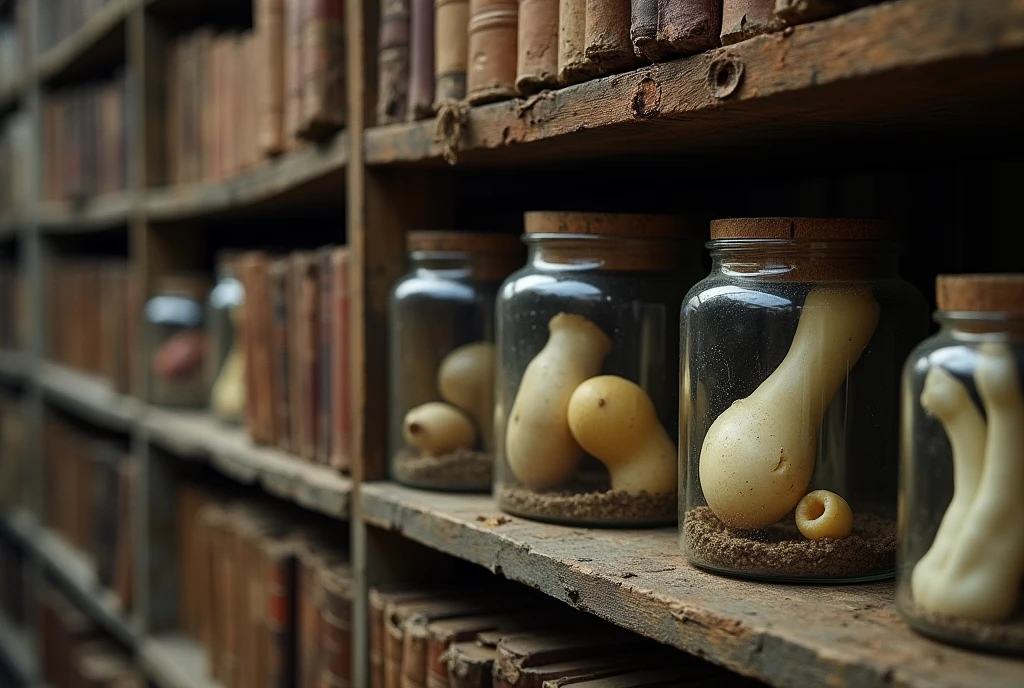 Close-up of a dusty shelf, filled with old books and jars containing various preserved human women parts.