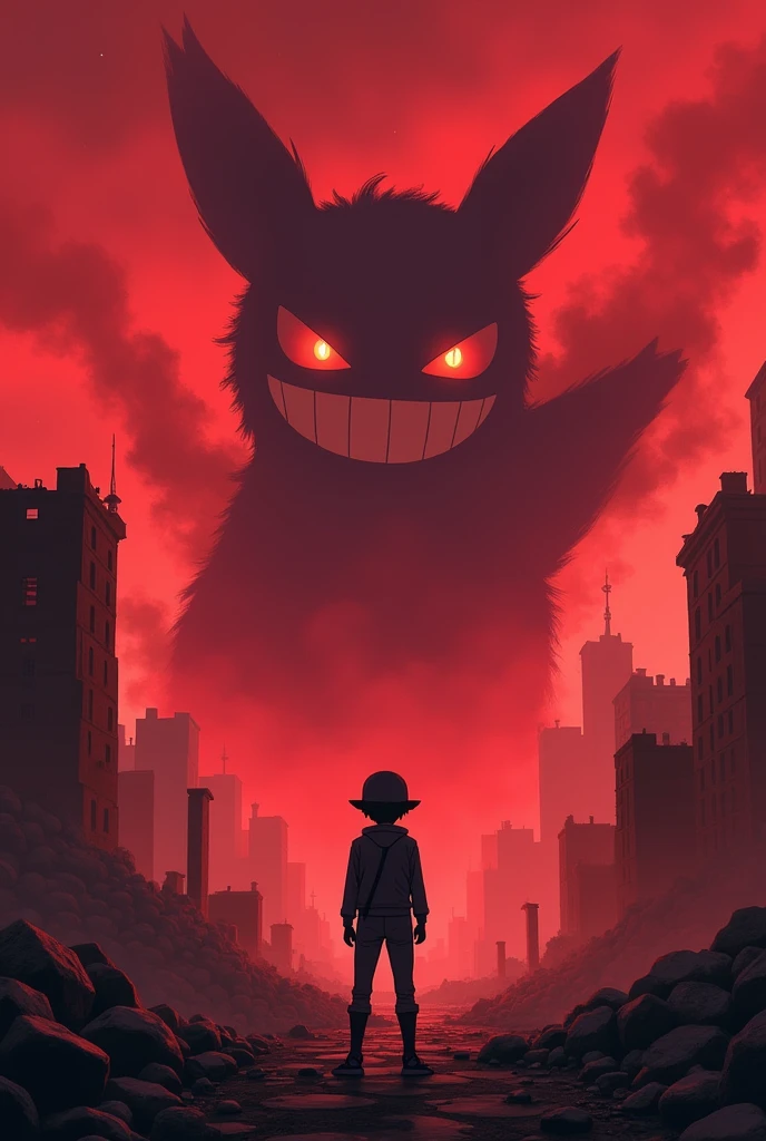 Pokemon trainer looking at ruins of a destroyed city, Gengar in the background floating in the sky in the form of smoke with an evil smile and glowing eyes, ghost looking at the coach, reddish night. crimson red, wallpaper 4k, High definition, official image, gore, horor, Red Sky, haze 