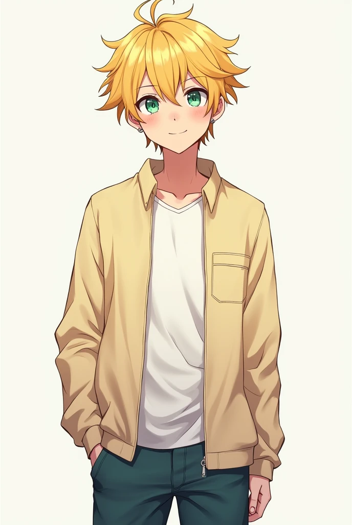 17 year old boy with golden hair, light sea green eyes white skin , Lean, with earrings in the ears, with a smile and casual clothes standing with his hand in his pocket. アニメ