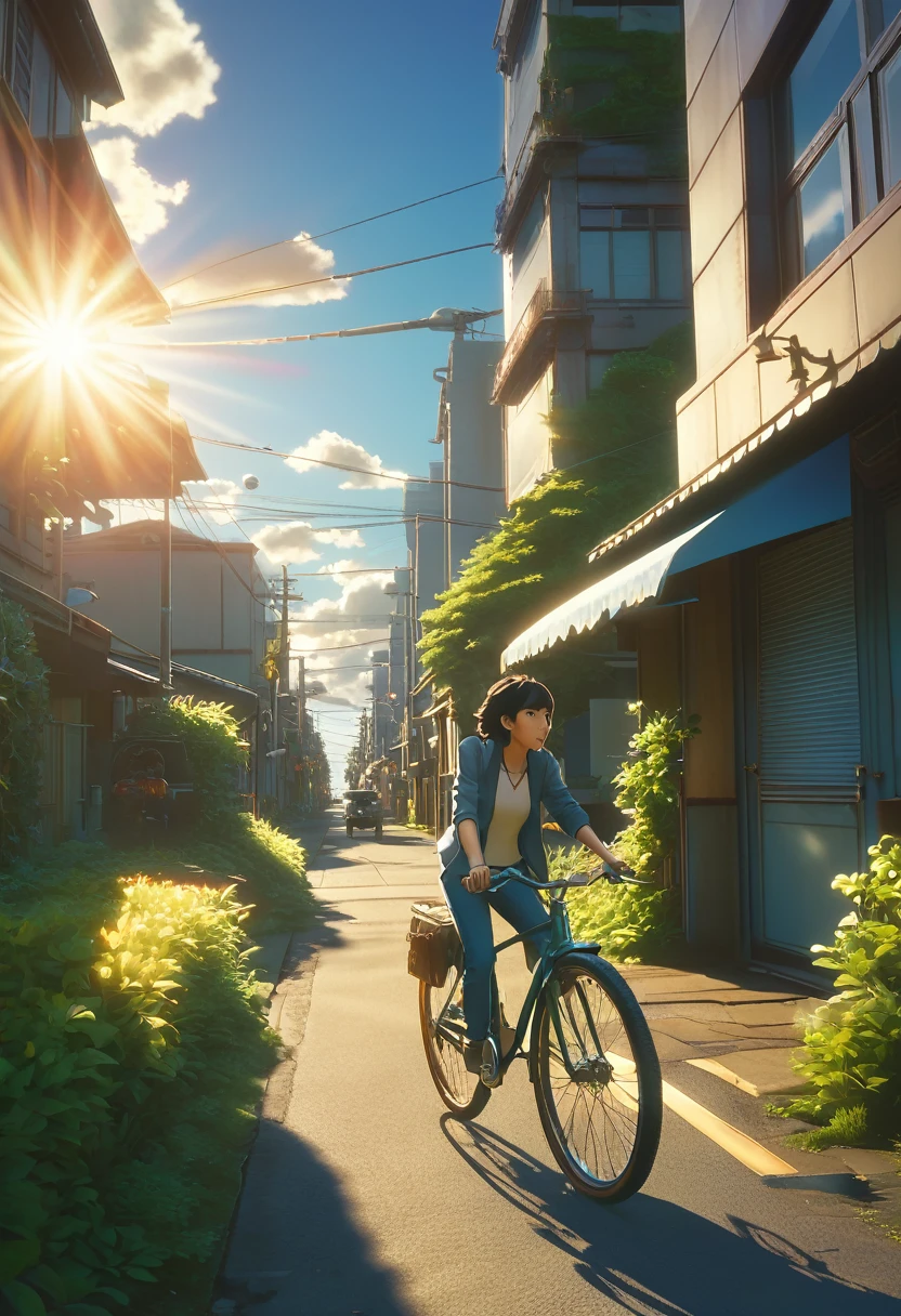 (3d:0.5,Realistic:0.5,photoRealistic:0.5),(Absurd,Super Resolution,masterpiece,Highest quality,In detail,Absurd:1.2), Dramatic Light, Dramatic lighting, Cinematic, Anime Scenery, Makoto Shinkai, Ghibli, Fantasy World, magic, Beautiful sky, cloud, building, bicycle, Airplane trajectory, bird, Dramatic Lighting, Cinematic lighting, sunset, warm sunset, Warm sun, street, Written boundary depth, Lens flare,