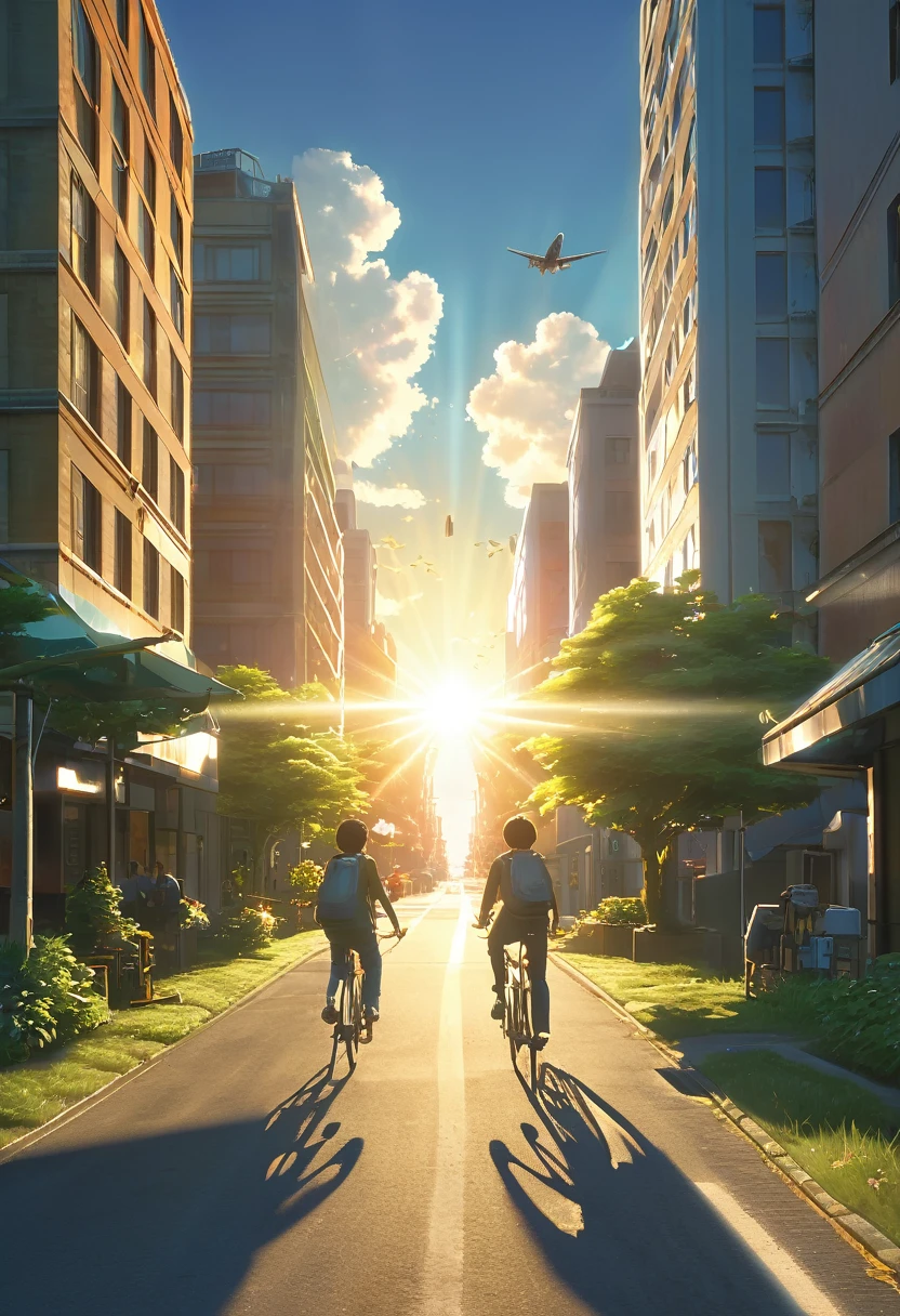 (3d:0.5,Realistic:0.5,photoRealistic:0.5),(Absurd,Super Resolution,masterpiece,Highest quality,In detail,Absurd:1.2), Dramatic Light, Dramatic lighting, Cinematic, Anime Scenery, Makoto Shinkai, Ghibli, Fantasy World, magic, Beautiful sky, cloud, building, bicycle, Airplane trajectory, bird, Dramatic Lighting, Cinematic lighting, sunset, warm sunset, Warm sun, street, Written boundary depth, Lens flare,