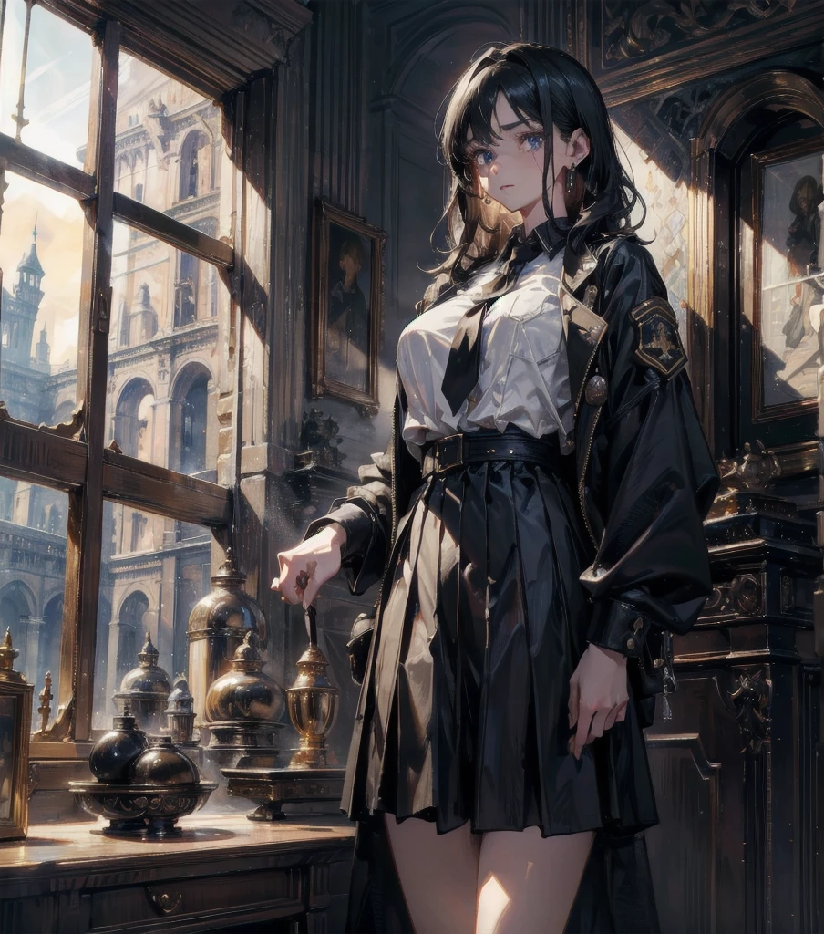absurdres, RAW photo, extremely delicate and beautiful, masterpiece, Best Quality, ultra high resolution, 32k, hyper realistic, ultra-detailed, Very detailed CG 8k wallpaper, detailed background, landscape, Beautiful Lighting, Perfect Lightning, Realistic Shadows, perfect anatomy, anatomically correct, ideal ratio body proportions, perfect figure, Perfect Style, Perfect balance, super Detailed skin, in her 30s, very Slim body, narrow waist, very small head, very small face, delicate facial features, handsome detailed woman, very detailed eyes and face, realistic face proportions, Realistic beautiful face, Realistic beautiful eyes, tearful mole, earring, cowboy shot, very huge round tits, medium short hair, asymmetrical hair, wavy hair, indoor, long military uniform jacket, holding broad katana, school_uniform, skirt, dress shirt,