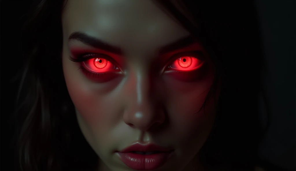 Create an image focused on the eyes of a woman with a piercing and mysterious gaze. Her eyes should be a deep, intense red, emitting a subtle glow that suggests power and mystery. The skin around her eyes is smooth, with arched eyebrows that add an expression of strength and determination. The background should be dark, almost black, to further highlight the contrast with the glowing eyes. The lighting should be soft, subtly illuminating the features of her face, creating an enigmatic and captivating atmosphere.