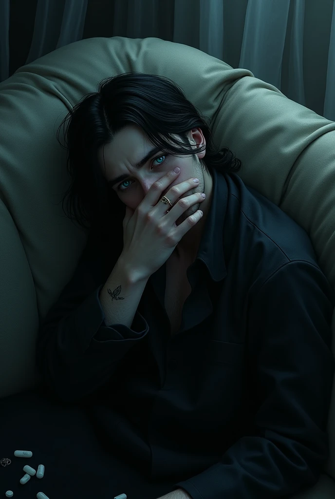 A sexy male with delicate facial features, black long hair, and teal blue eyes with all-black gothic clothes. He is lying on a couch while smoking a cigarette. He looks all gloomy. Beers, wine, and antidepressants spilled everywhere. (Gloomy atmosphere) No facial hair (Mysterious atmosphere) (Unhappy expression) (Male) (Putting the back of his hand on his face.) (Lying on a couch, all gloomy)