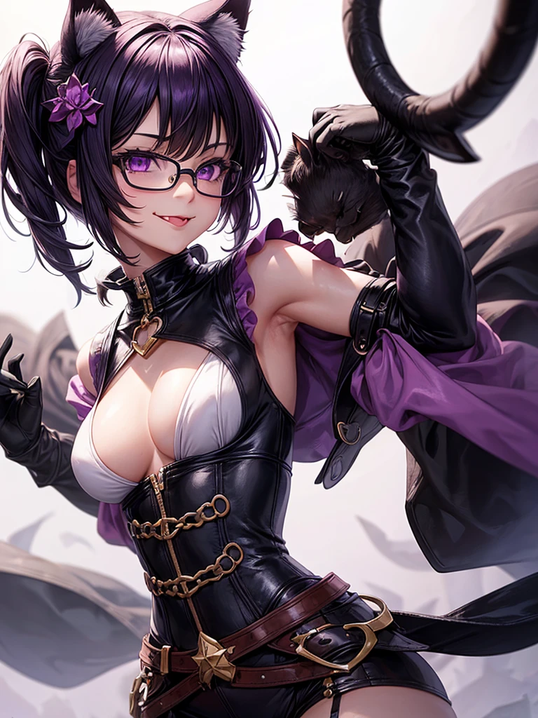 1 girl, a high resolution, short hair, Smile, animal ears, hair ornament, purple eyes, Cat's ears, high detail, textured leather, Breasts, Smirk, Stick out tongue, saliva, Drooling, Widescreen format, Widescreen format, Glasses, Backlight, anime, anime style,