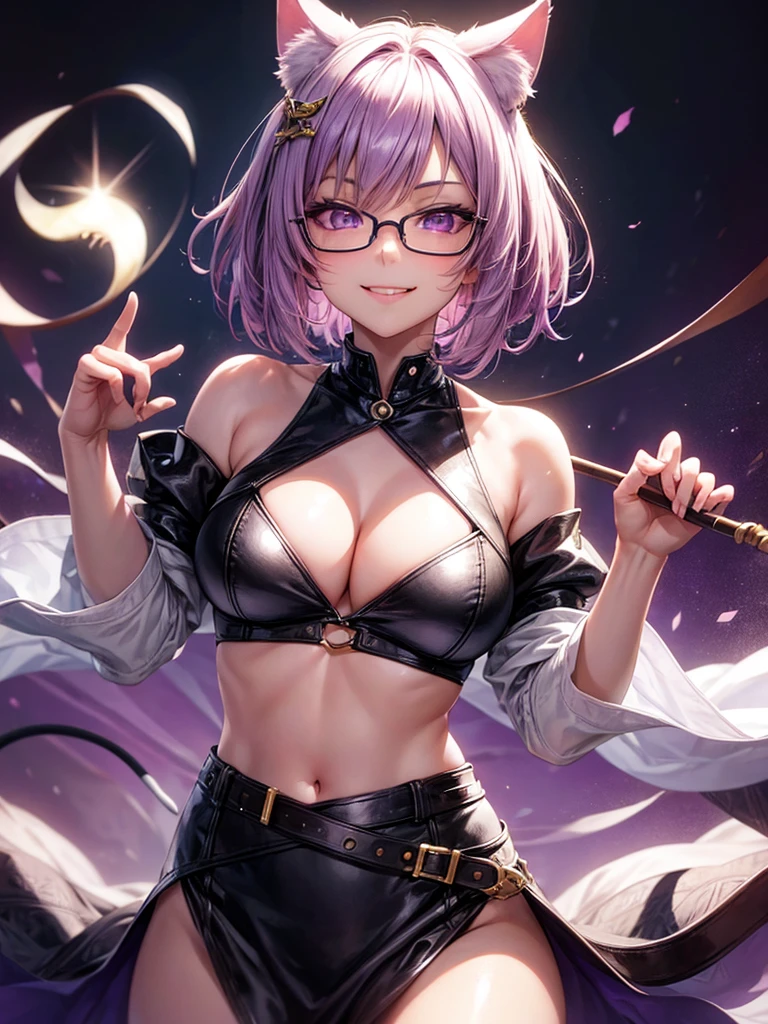 1 girl, a high resolution, short hair, Smile, animal ears, hair ornament, purple eyes, Cat's ears, high detail, textured leather, Breasts, Smirk, Stick out tongue, saliva, Drooling, Widescreen format, Widescreen format, Glasses, Backlight, anime, anime style, 