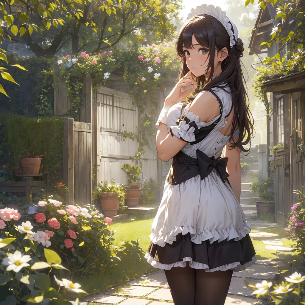 masterpieces,best quality,(ultra_detailed),3D,(realistic:1.9),(photorealistic:1.9),(light falloff at edges:1.9),shallow depth of field,sensual girl,in garden,at morning,western‐style house in the background,plump,(brown _pantyhose,)wavy long hair,built bangs,drooping eyes,wide-set eyes,lovely round eyes,looking away,round face, (maid costume),