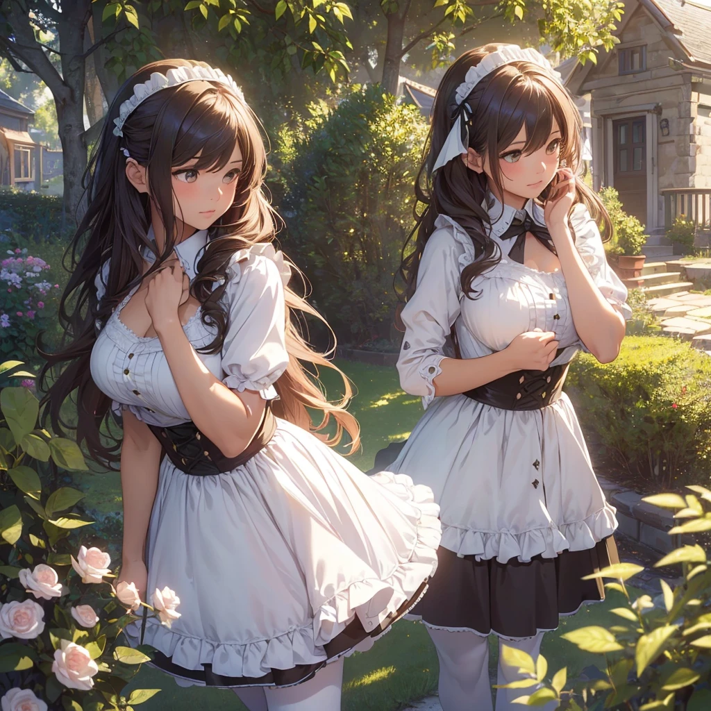 masterpieces,best quality,(ultra_detailed),3D,(realistic:1.9),(photorealistic:1.9),(light falloff at edges:1.9),shallow depth of field,sensual girl,in garden,at morning,western‐style house in the background,plump,(brown _pantyhose,)wavy long hair,built bangs,drooping eyes,wide-set eyes,lovely round eyes,looking away,round face, (maid costume),