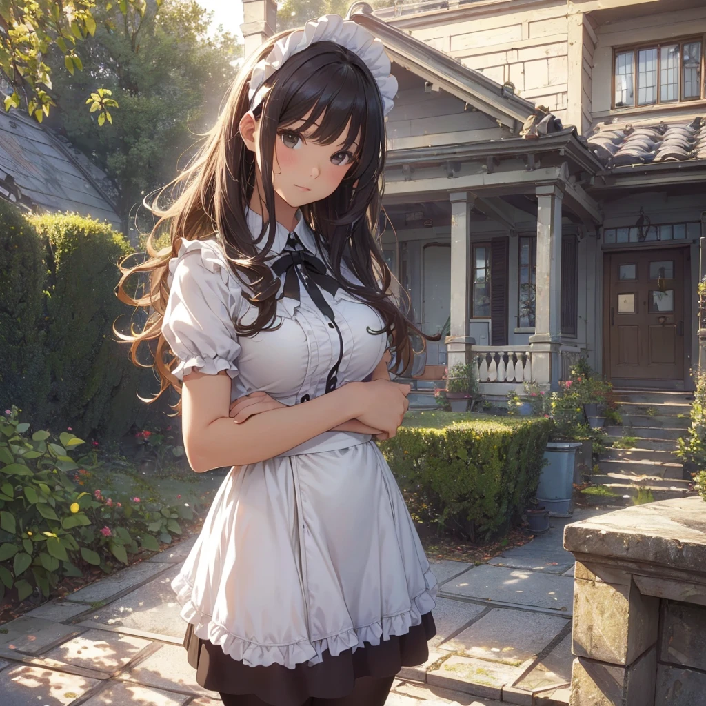 masterpieces,best quality,(ultra_detailed),3D,(realistic:1.9),(photorealistic:1.9),(light falloff at edges:1.9),shallow depth of field,sensual girl,in garden,at morning,western‐style house in the background,plump,(brown _pantyhose,)wavy long hair,built bangs,drooping eyes,wide-set eyes,lovely round eyes,looking away,round face, (maid costume),