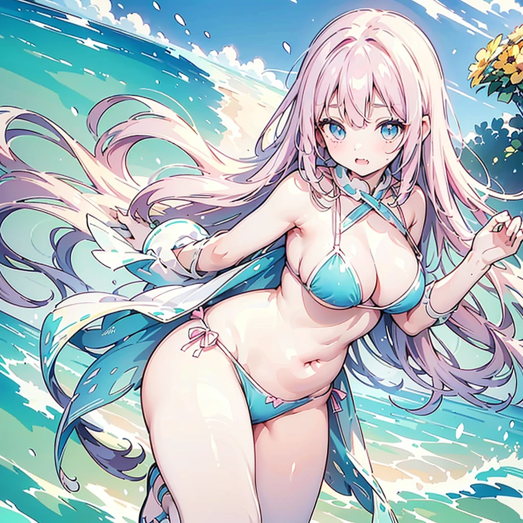 (Exquisite, beautiful, Very detailed, masterpiece, high quality,High resolution),(Soft and thin lines: 1.2, Beautiful and delicate face), (Fluffy fox ears,Fluffy tail,Beastly eyes,Small Mouth,High nose,小さなSharp Fangs),(((Big Breasts:1.8,forward leaning posture,A pose that emphasizes the chest))),(Revealing swimsuit:1.2,Race,Frills),She is fidgety and embarrassed,Laughing happily ,((Ocean:1.2,Sandy Beach,Cumulonimbus,)),(Fluffy wavy bob hair,White skin and short eyebrows,Pale pink cheeks,Very small nose and mouth,Sharp Fangs,Plump pink lips,Quite large and fluffy bust,獣の瞳,Plump thighs,),Bright colors,Colored pencil art,Floating Hearts,牙を見せる,
