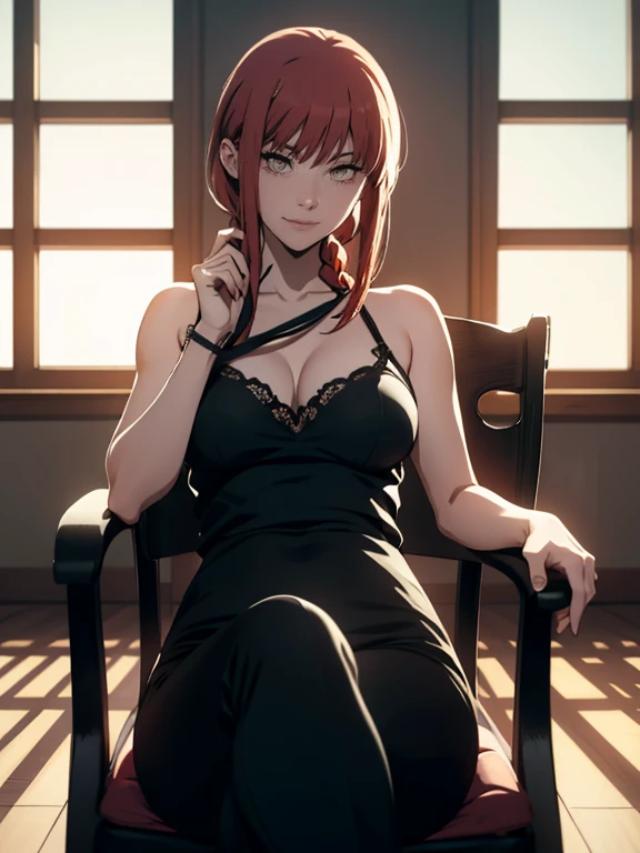 ((sexy dress))) A woman, The character Makima from the anime series Chainsaw Man, cowboy shot, laughing, evil smile, looking down at viewer, holding pets leash, pulling on pets leash, red hair, braid, braided ponytail, orange eyes, skinny black pants, sitting in chair, legs crossed, leaning, head tilt, beautiful figure, Realistic, Very detailed, sexy body, Detailed body, Detailed hands, Detailed, Vibrants, Detailed Face, Makima's character design. Very detailed, Detailed body, Detailed hands, Detailed Face, anime art, extremely detailed CG unity 8k wallpaper, detailed light, Cinematic lighting, chromatic aberration, glittering, epic composition, dark in the background, Character Desing, Very detailed, Detailed body, Vibrants, Detailed Face, sharp-focus, anime art, Vibrants, Detailed Face, Hugh Details, sharp-focus, evil smile, A detailed eye, super fine illustration, better shadow, finely detail, Beautiful detailed glow, Beautiful detailed, Extremely detailed, epic composition, Presented at artstation, Octane Render, artstation hd, Cinematic, 4 thousand., hypermaximalist